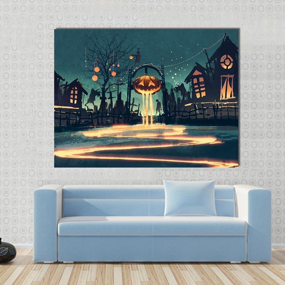 Halloween Night Canvas Wall Art in black, orange and blue, single panel hung on a wall