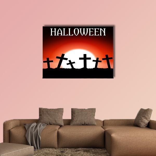 Halloween Graveyard Silhouette with Red Sky Canvas Wall Art in black, white and red, single panel hung on a wall