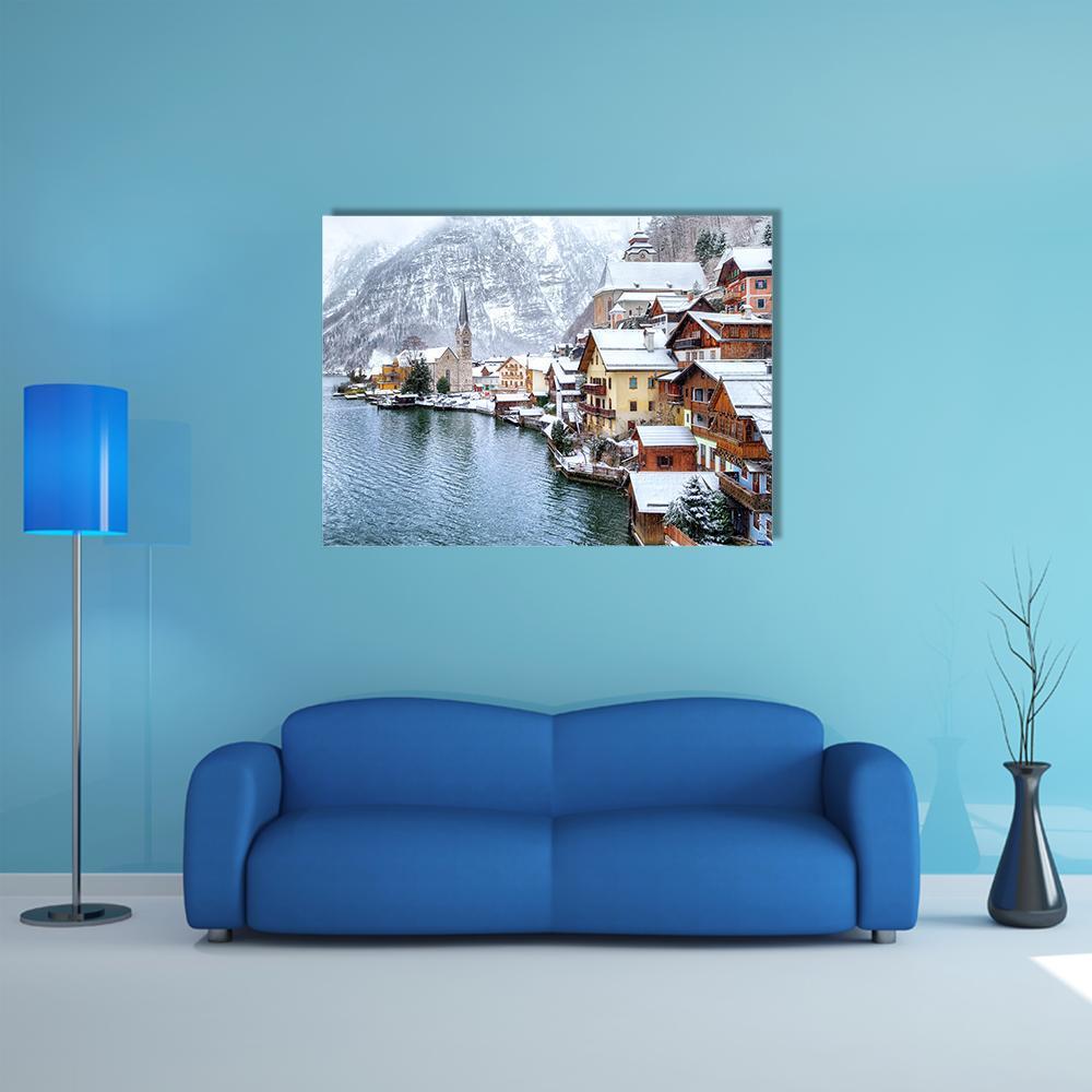 Hallstatt Winter Lake Village Canvas Wall Art in white, brown and blue, single panel hung on a wall