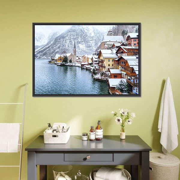 Hallstatt Winter Village by the Lake Canvas Wall Art in white, gray and blue, framed canvas, product view on a white background