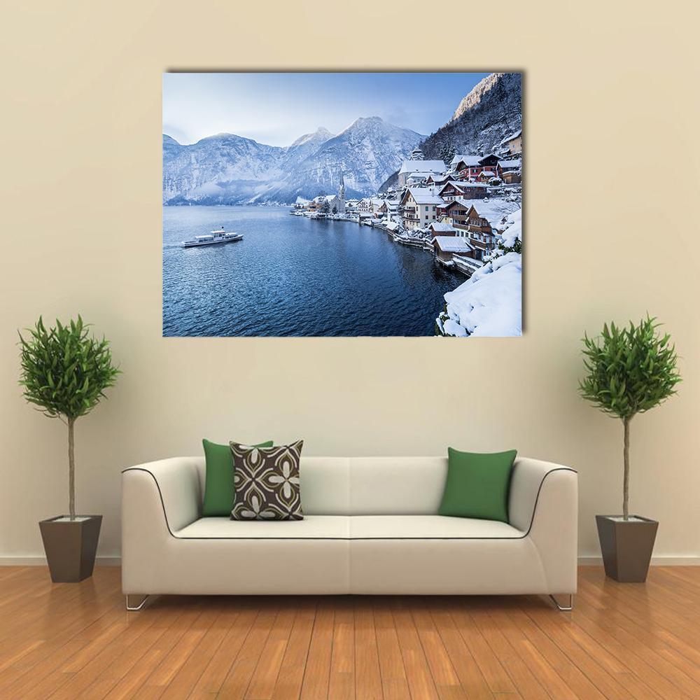 Hallstatt Lake in Winter Canvas Wall Art in white and blue, single panel hung on a wall