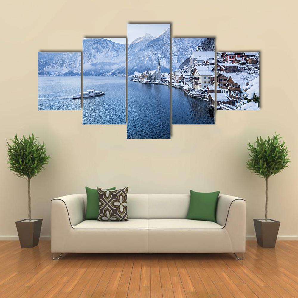 Hallstatt Lake In Winter Canvas Wall Art-5 Star-Gallery Wrap-62" x 32"-Tiaracle