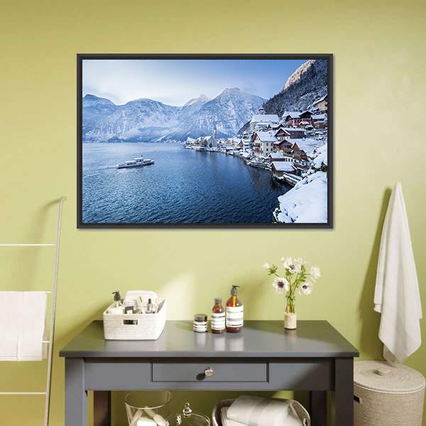 Hallstatt Lake In Winter Canvas Wall Art-1 Piece-Floating Frame-24" x 16"-Tiaracle