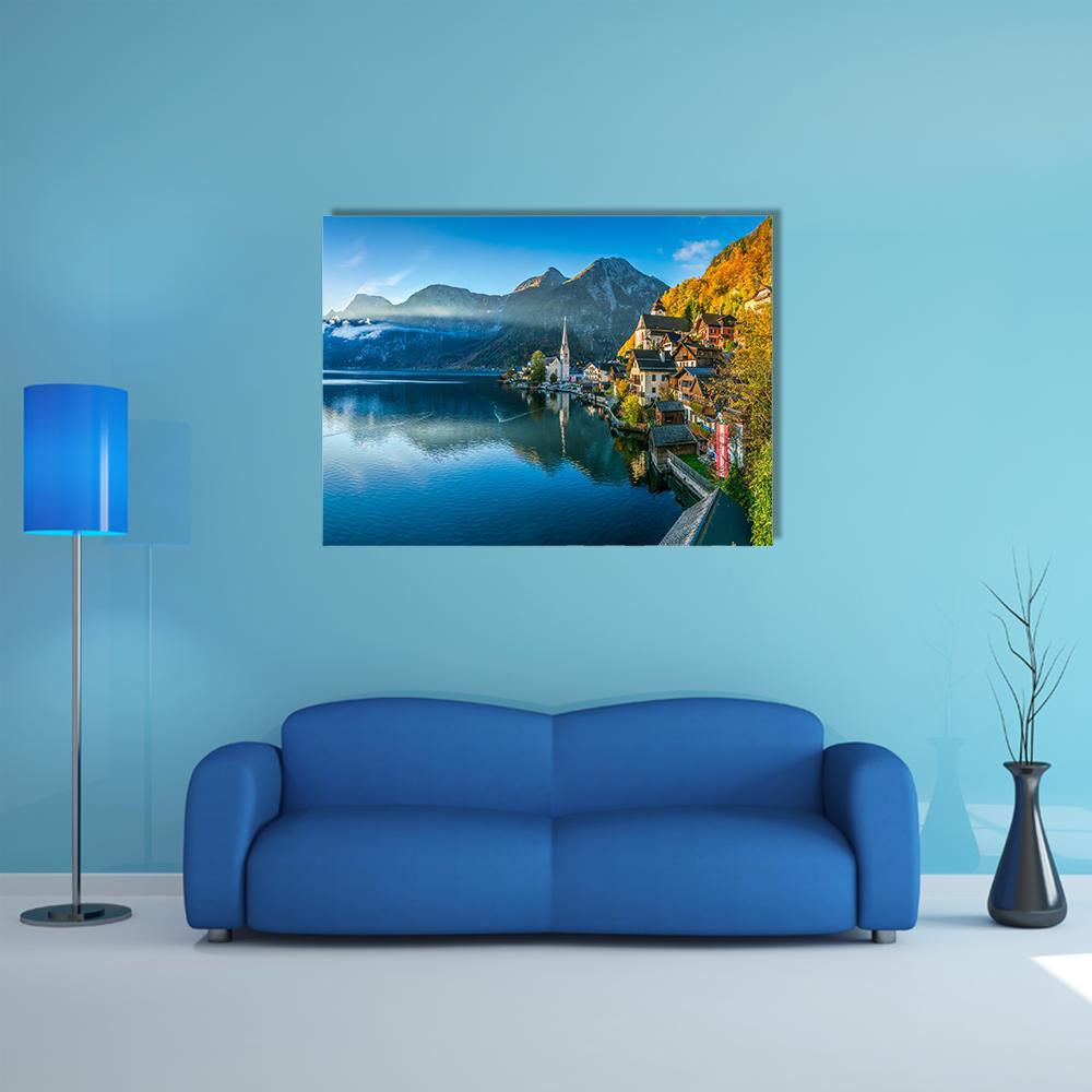 Hallstatt Mountain Village Canvas Wall Art in gray, brown and blue, single panel hung on a wall