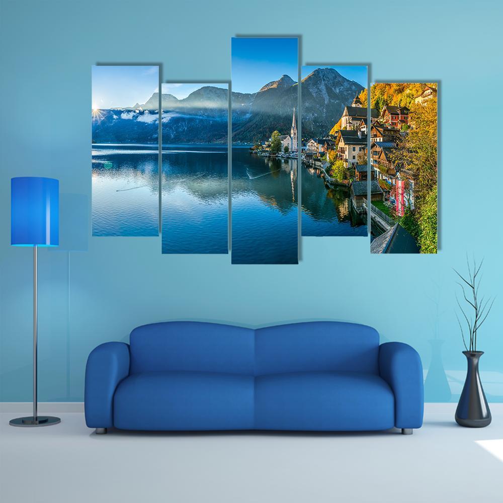 Hallstatt Mountain Village Canvas Wall Art-5 Pop-Gallery Wrap-47" x 32"-Tiaracle