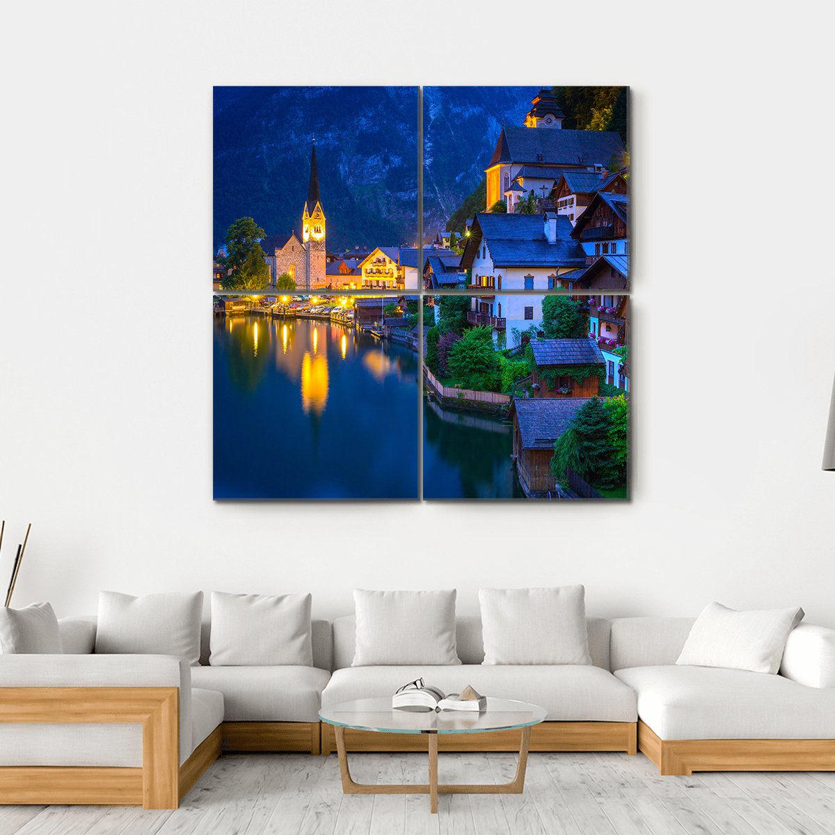 Hallstatt Village At Dusk Canvas Wall Art-4 Square-Gallery Wrap-17" x 17"-Tiaracle