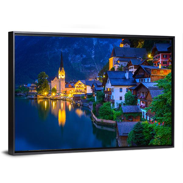 Hallstatt Village At Dusk Canvas Wall Art-3 Horizontal-Gallery Wrap-25" x 16"-Tiaracle