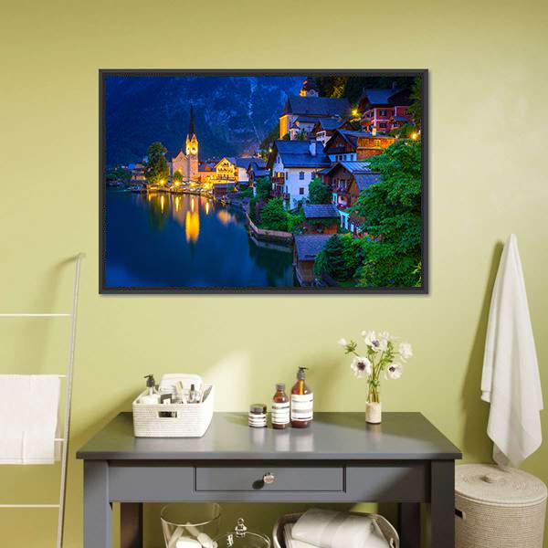 Hallstatt Village At Dusk Canvas Wall Art-1 Piece-Floating Frame-24" x 16"-Tiaracle