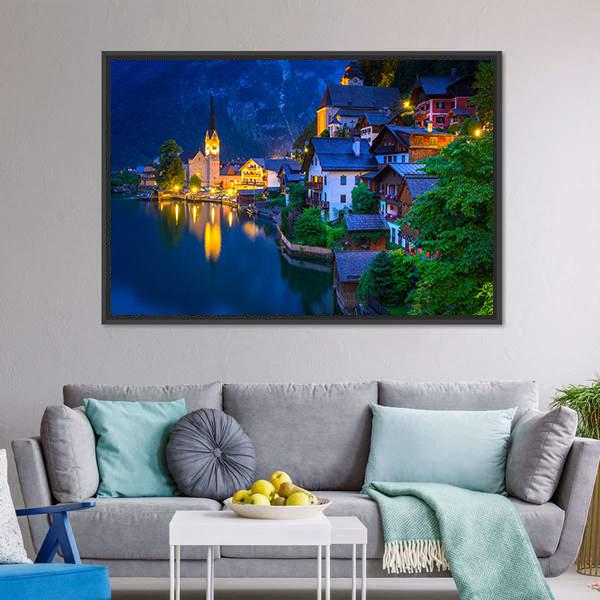Hallstatt Village At Dusk Canvas Wall Art-3 Horizontal-Gallery Wrap-25" x 16"-Tiaracle