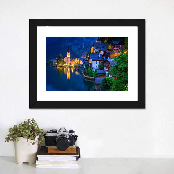 Hallstatt Village At Dusk Canvas Wall Art-1 Piece-Framed Print-20" x 16"-Tiaracle