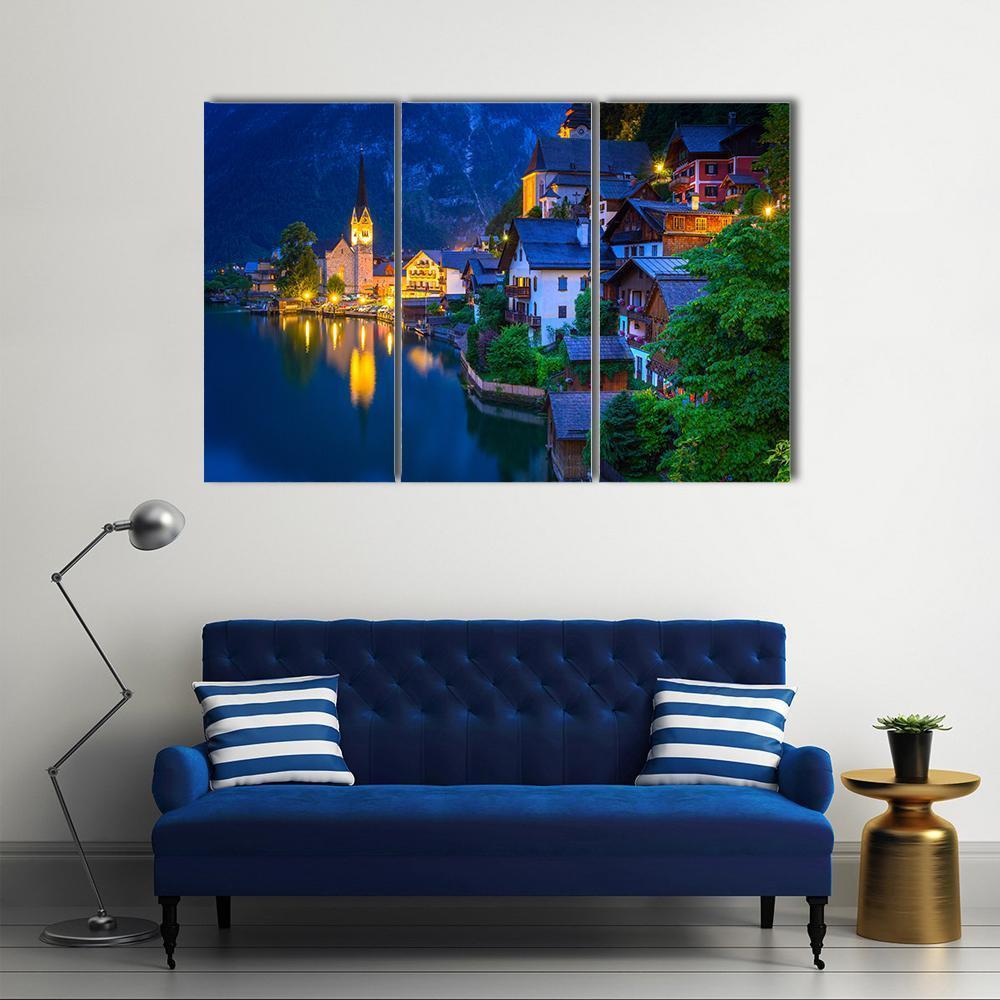 Hallstatt Village At Dusk Canvas Wall Art-3 Horizontal-Gallery Wrap-37" x 24"-Tiaracle