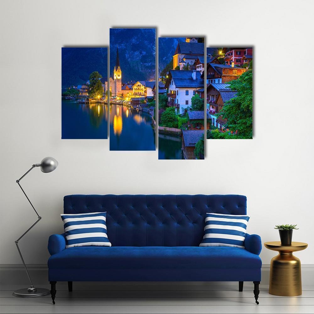 Hallstatt Village At Dusk Canvas Wall Art-4 Pop-Gallery Wrap-50" x 32"-Tiaracle