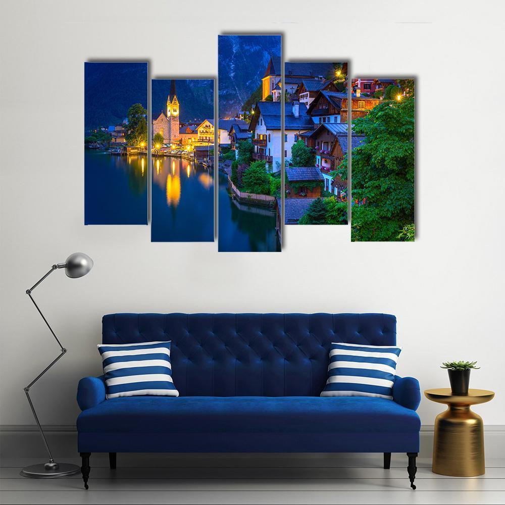 Hallstatt Village At Dusk Canvas Wall Art-5 Pop-Gallery Wrap-47" x 32"-Tiaracle
