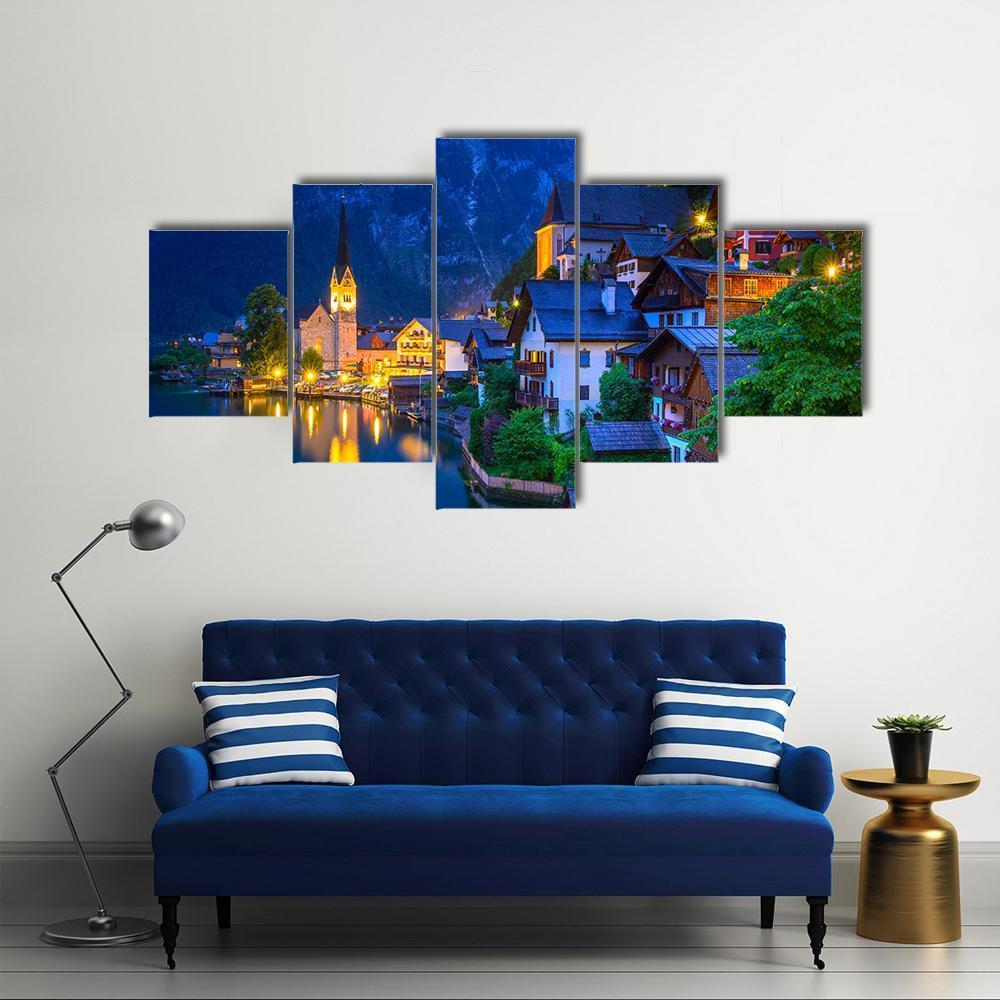 Hallstatt Village At Dusk Canvas Wall Art-5 Star-Gallery Wrap-62" x 32"-Tiaracle