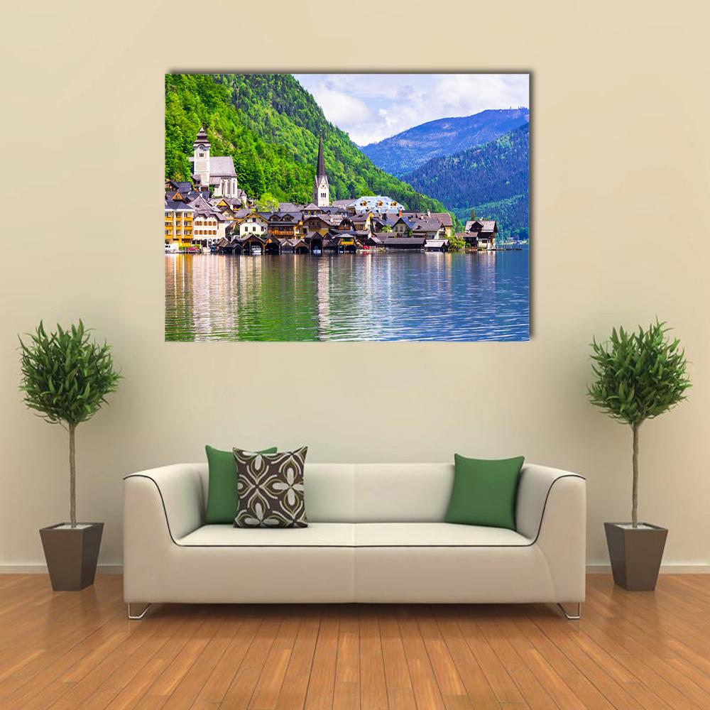 Hallstatt Lakeside Village Canvas Wall Art in green and blue, single panel hung on a wall