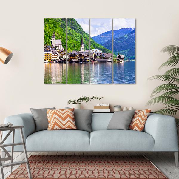 Hallstatt Village In Austria Canvas Wall Art-4 Horizontal-Gallery Wrap-34" x 24"-Tiaracle