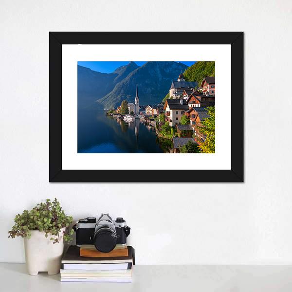 Hallstatt Village On Alpine Lake Canvas Wall Art-1 Piece-Framed Print-20" x 16"-Tiaracle