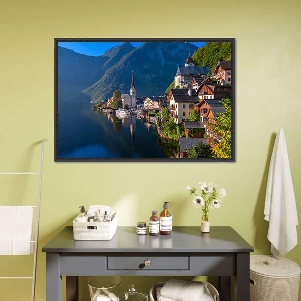 Hallstatt Village On Alpine Lake Canvas Wall Art-1 Piece-Floating Frame-24" x 16"-Tiaracle