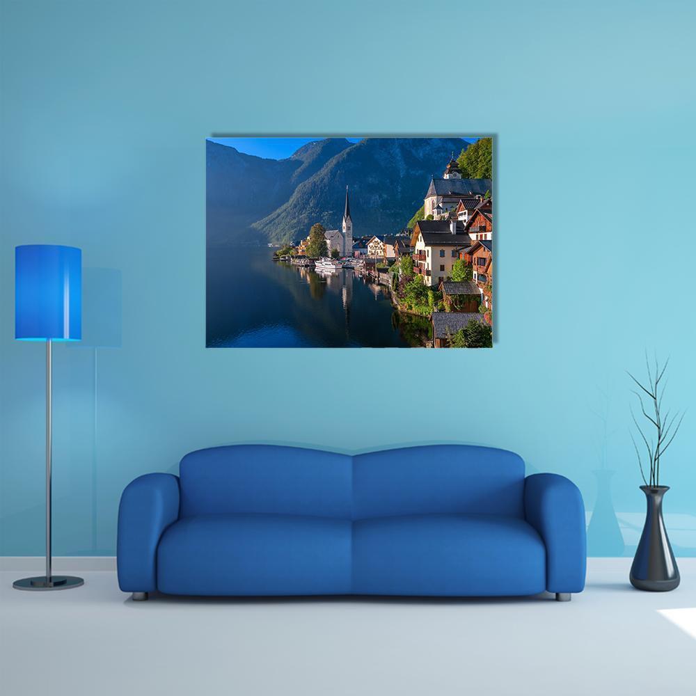 Hallstatt Village on Alpine Lake Canvas Wall Art in brown, green and blue, single panel hung on a wall