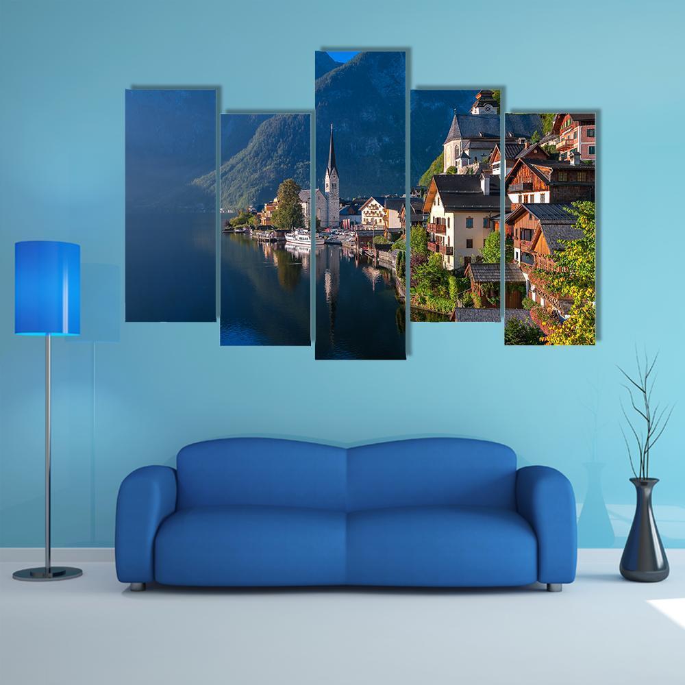 Hallstatt Village On Alpine Lake Canvas Wall Art-5 Pop-Gallery Wrap-47" x 32"-Tiaracle
