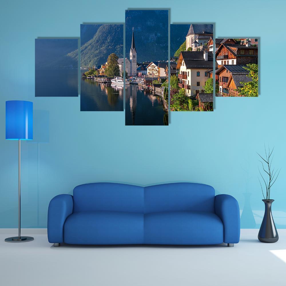 Hallstatt Village On Alpine Lake Canvas Wall Art-5 Star-Gallery Wrap-62" x 32"-Tiaracle