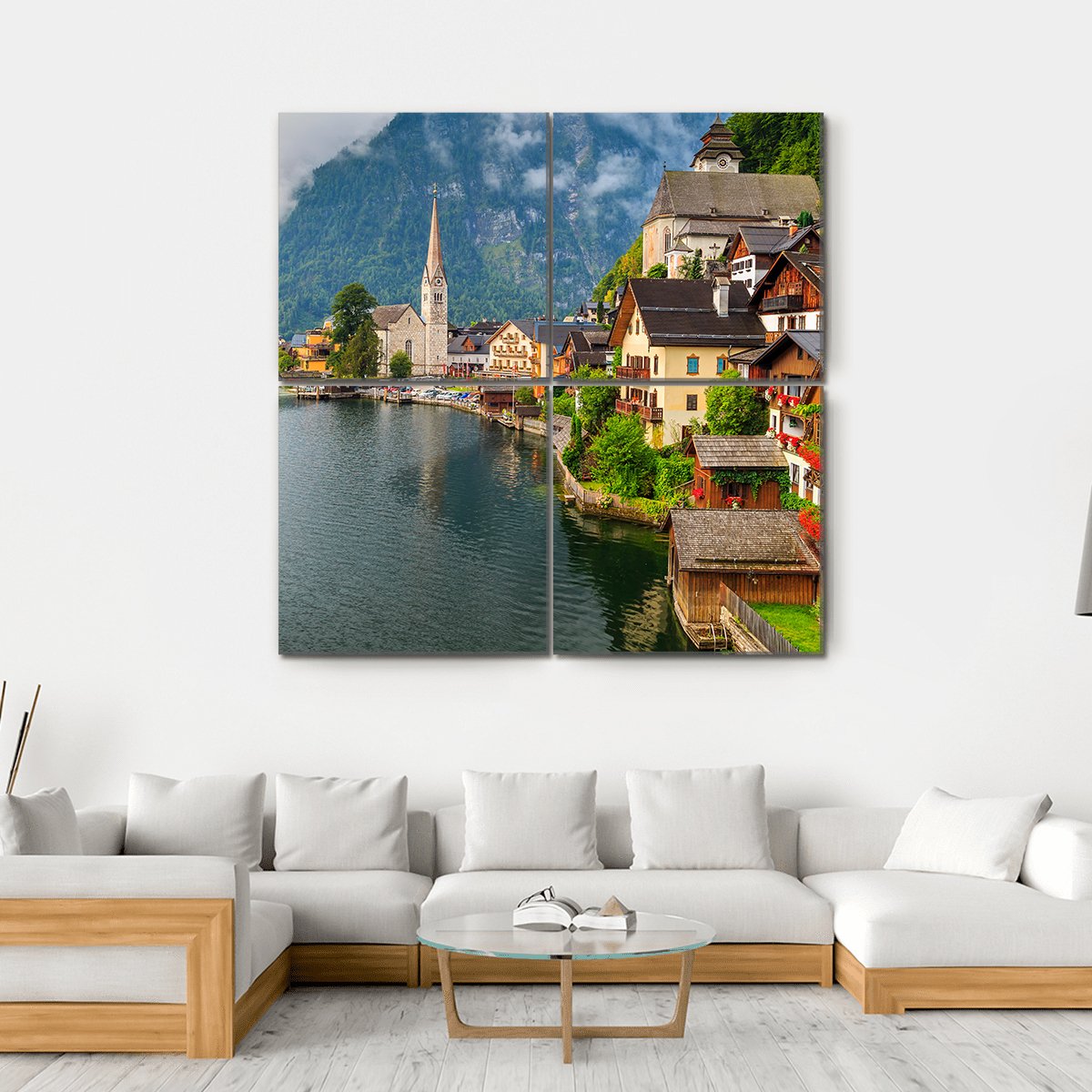 Hallstatt Village With Lake Canvas Wall Art-4 Square-Gallery Wrap-17" x 17"-Tiaracle