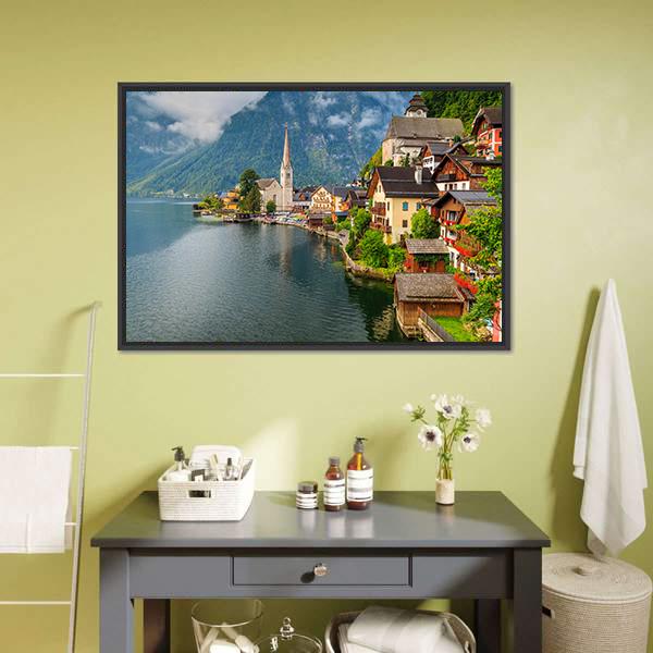 Hallstatt Village With Lake Canvas Wall Art-1 Piece-Floating Frame-24" x 16"-Tiaracle