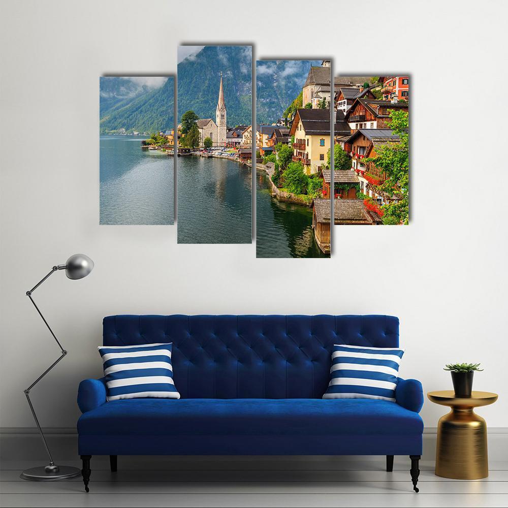 Hallstatt Village With Lake Canvas Wall Art-4 Pop-Gallery Wrap-50" x 32"-Tiaracle