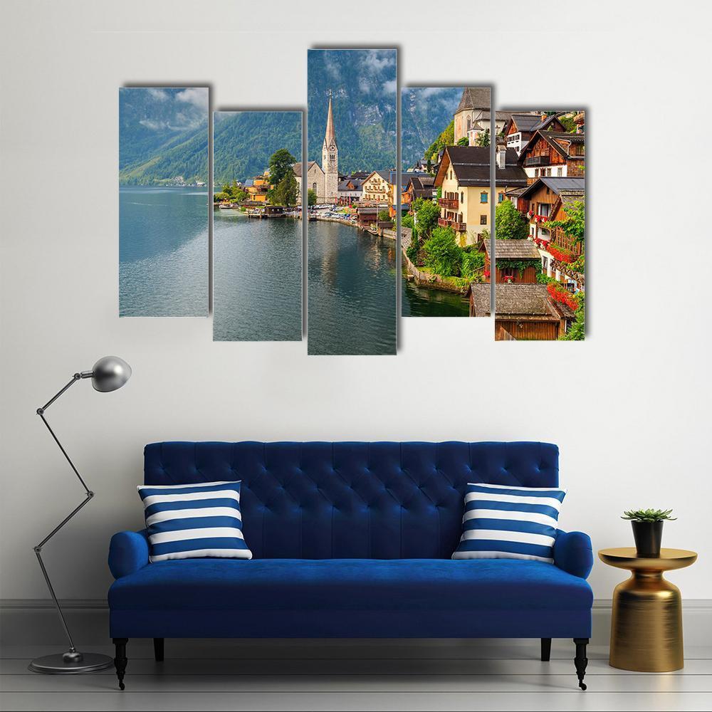 Hallstatt Village With Lake Canvas Wall Art-5 Pop-Gallery Wrap-47" x 32"-Tiaracle