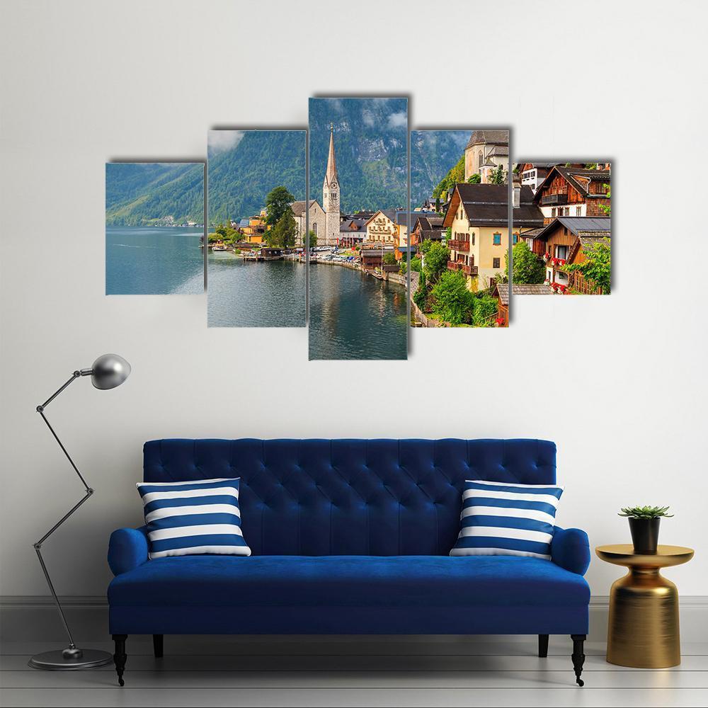 Hallstatt Village With Lake Canvas Wall Art-5 Star-Gallery Wrap-62" x 32"-Tiaracle