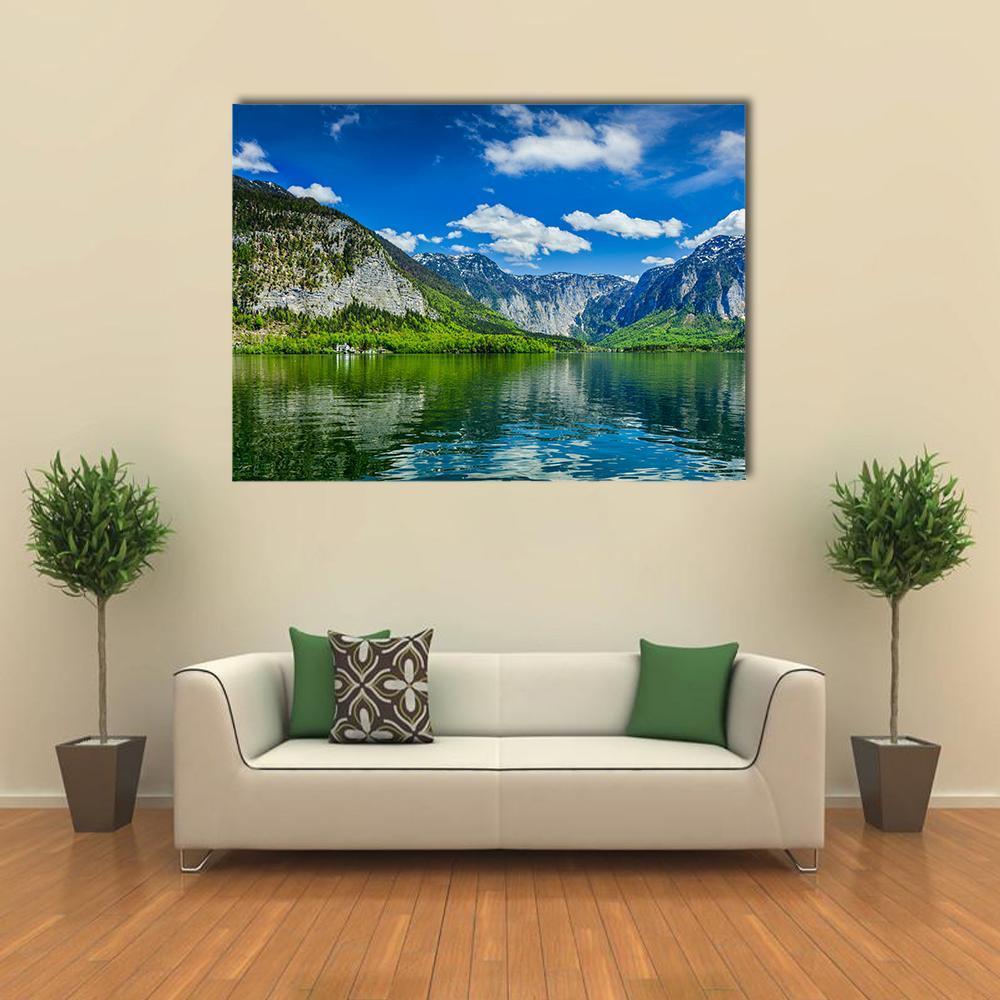 Hallstatter See Mountain Lake, Austria Canvas Wall Art in green and blue, single panel hung on a wall