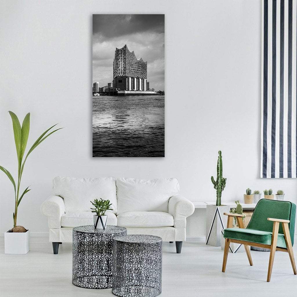 Elbphilharmonie in Monochrome Vertical Canvas Wall Art in black, white and gray, single vertical panel hung on a wall