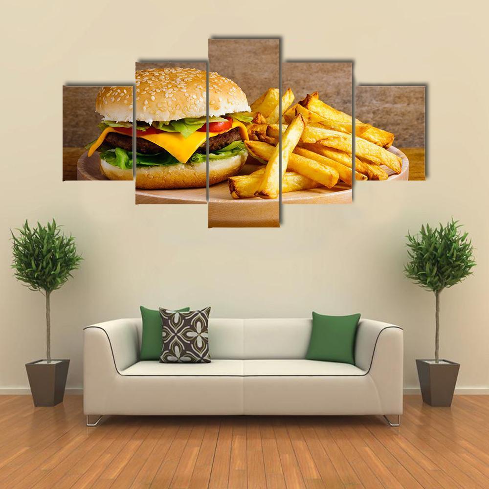 Hamburger & Fries Canvas Wall Art-3 Horizontal-Gallery Wrap-37" x 24"-Tiaracle