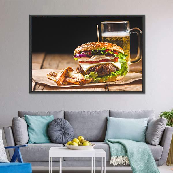 Hamburger With Juice Canvas Wall Art-3 Horizontal-Gallery Wrap-25" x 16"-Tiaracle