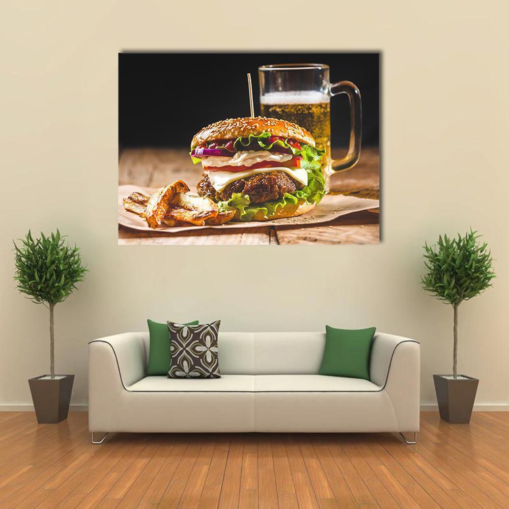 Burger with Fries and Beer Canvas Wall Art in black, brown and yellow, single panel hung on a wall