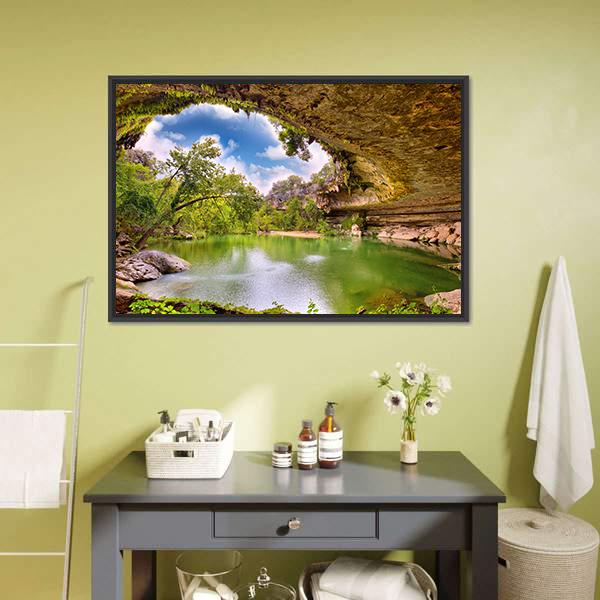 Hamilton Pool Cave Opening Canvas Wall Art in brown, green and blue, framed canvas, product view on a white background