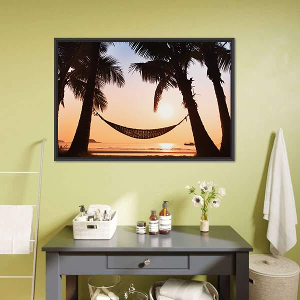 Hammock &amp; Palm Trees Canvas Wall Art-1 Piece-Floating Frame-24" x 16"-Tiaracle