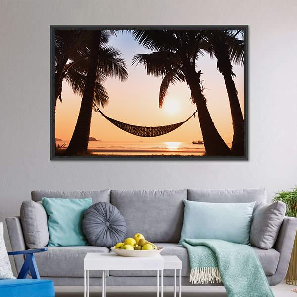 Hammock &amp; Palm Trees Canvas Wall Art-3 Horizontal-Gallery Wrap-25" x 16"-Tiaracle