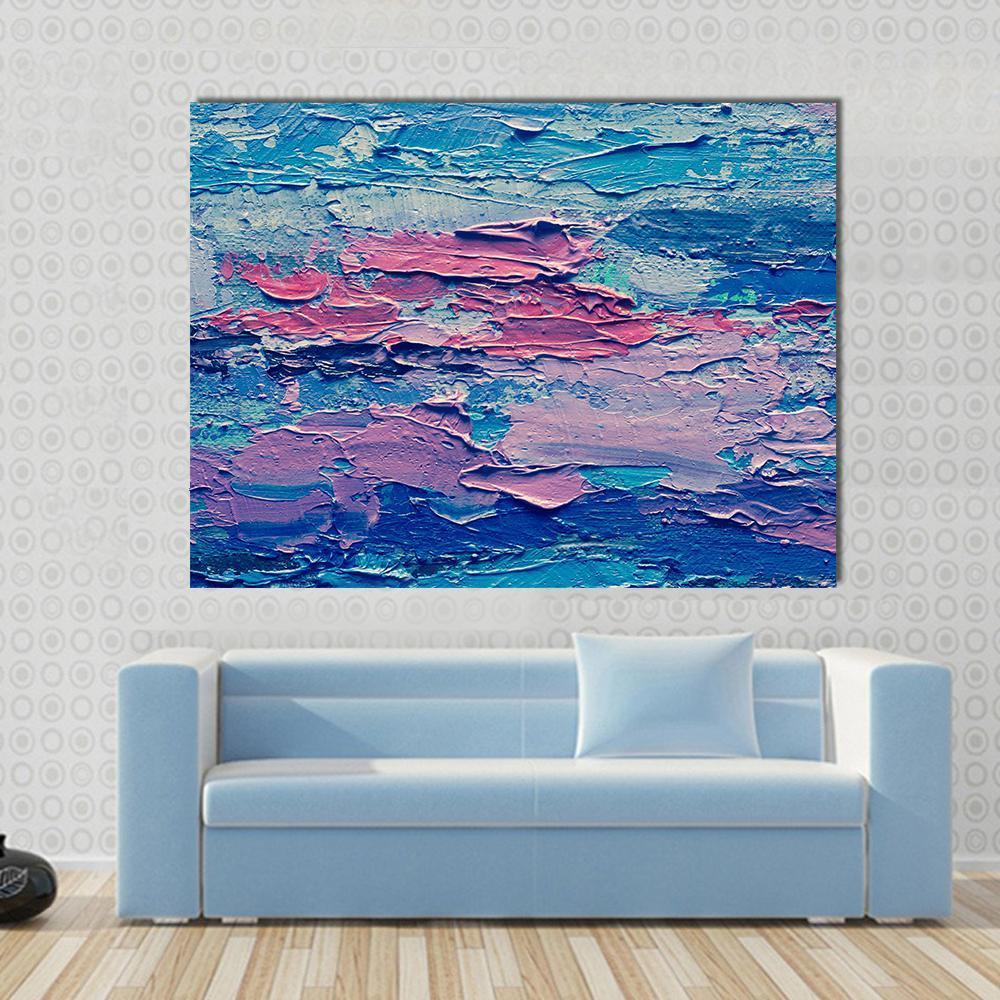 Hand Drawn Oil Painting Canvas Wall Art in blue, purple and pink, single panel hung on a wall