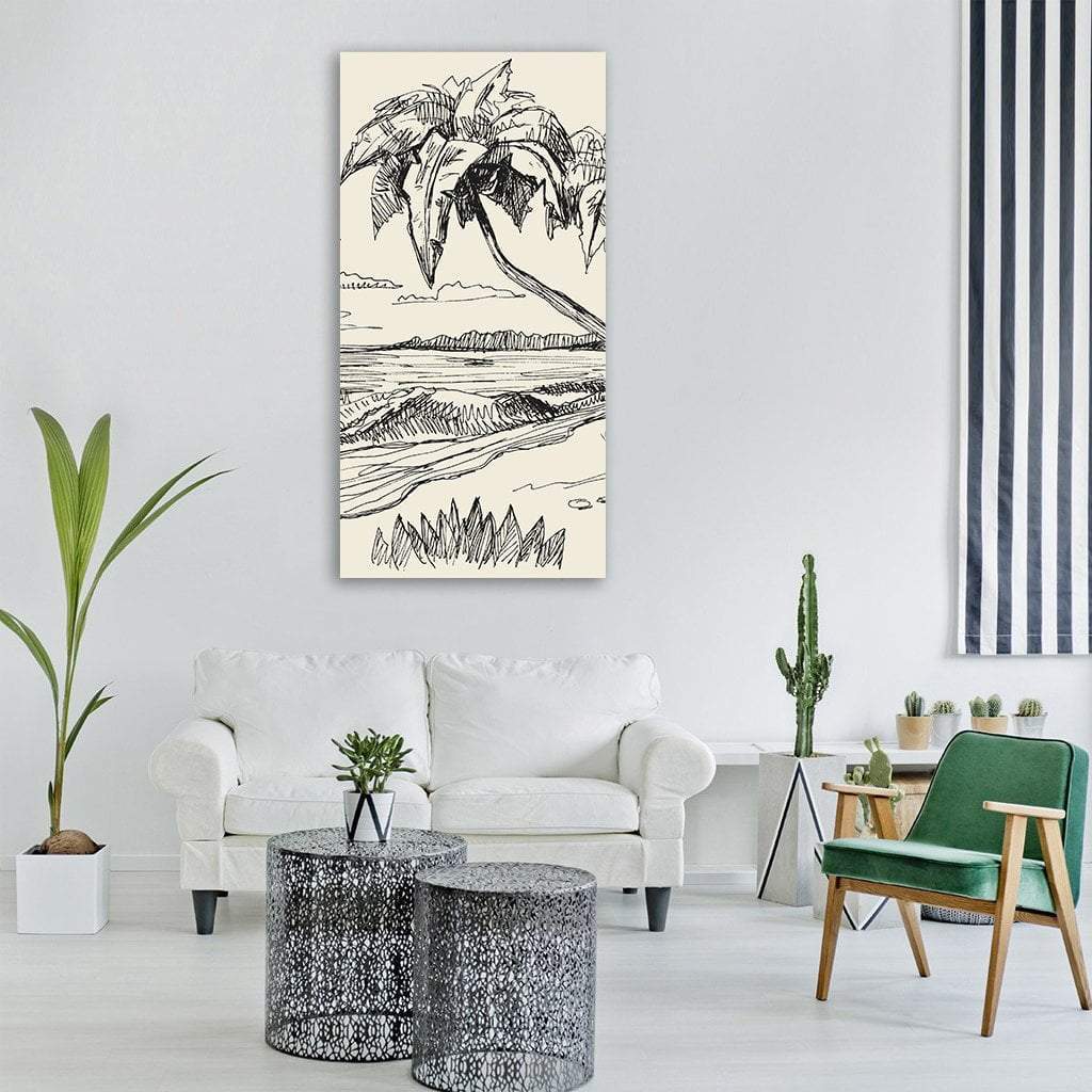 Palm Tree Beach Pen and Ink Sketch Vertical Canvas Wall Art in black and beige, single vertical panel hung on a wall