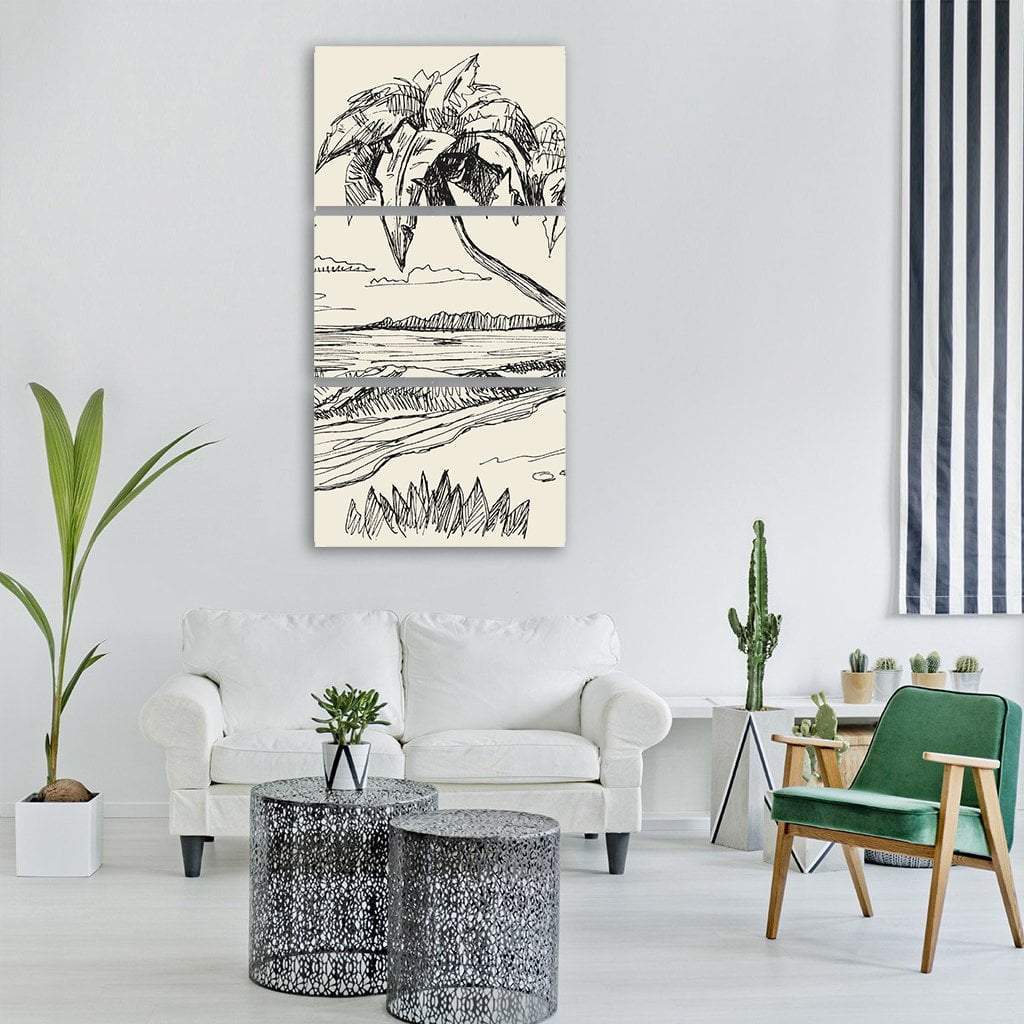 Palm Tree Beach Pen and Ink Sketch Vertical Canvas Wall Art in black and beige, hung on a wall