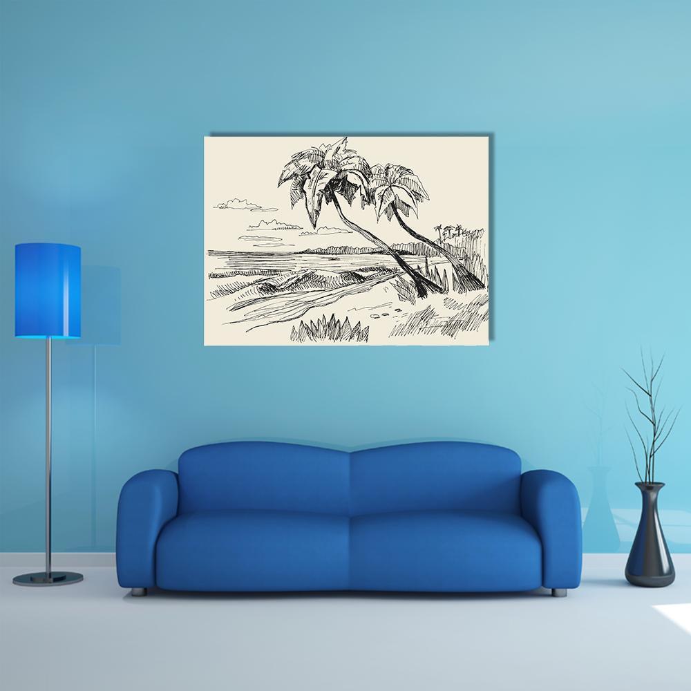Hand-drawn Beach Sketch with Leaning Palm Trees Canvas Wall Art in black and beige, single panel hung on a wall