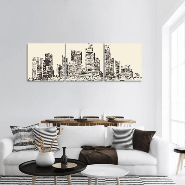 Singapore Skyline Line Sketch Panoramic Canvas Wall Art in black and beige, hung on a wall