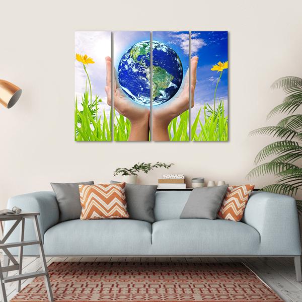 Hand Holding Planet Earth Canvas Wall Art-4 Horizontal-Gallery Wrap-34" x 24"-Tiaracle