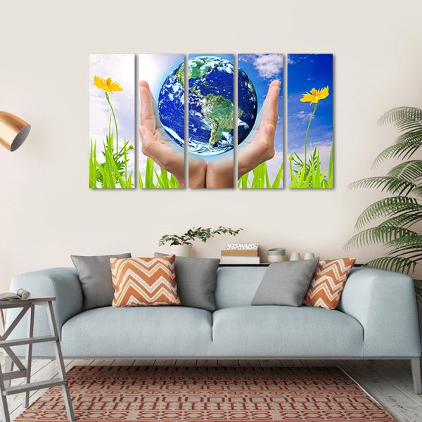 Hand Holding Planet Earth Canvas Wall Art-5 Horizontal-Gallery Wrap-22" x 12"-Tiaracle
