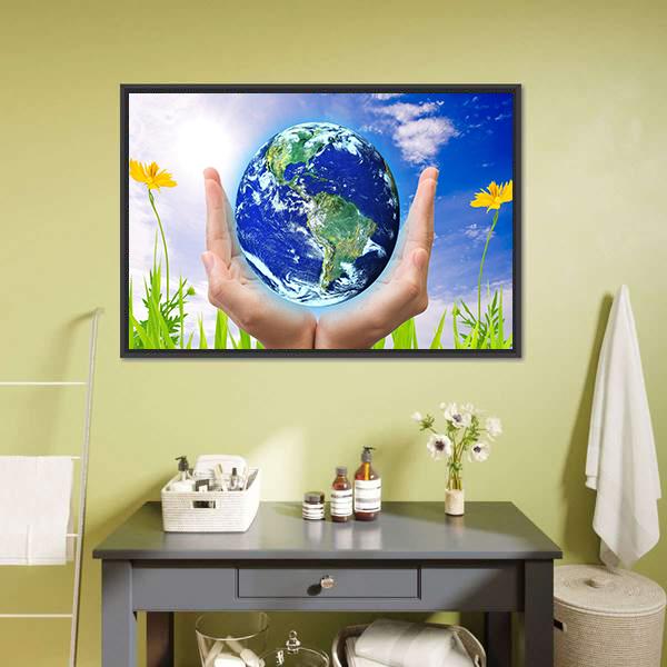 Hand Holding Planet Earth Canvas Wall Art-1 Piece-Floating Frame-24" x 16"-Tiaracle