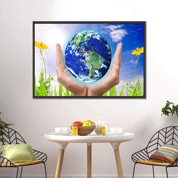 Hand Holding Planet Earth Canvas Wall Art-5 Horizontal-Gallery Wrap-22" x 12"-Tiaracle