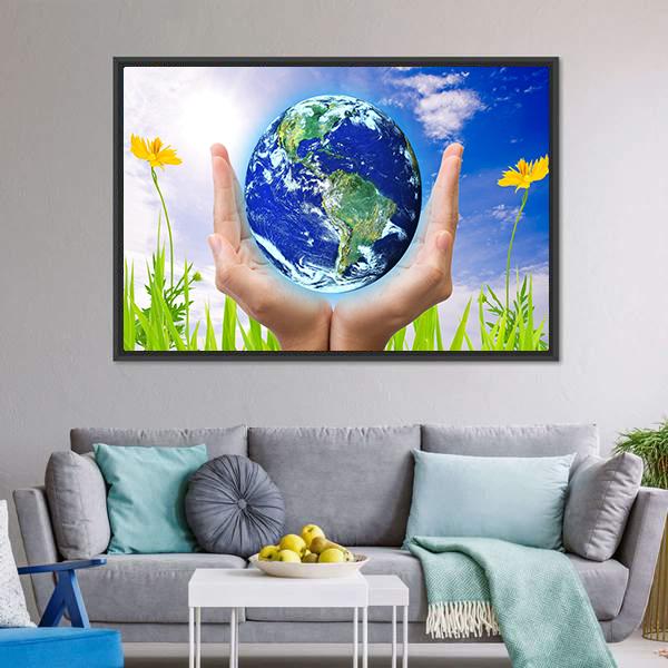 Hand Holding Planet Earth Canvas Wall Art-5 Horizontal-Gallery Wrap-22" x 12"-Tiaracle
