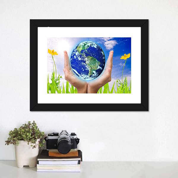 Hand Holding Planet Earth Canvas Wall Art-1 Piece-Framed Print-20" x 16"-Tiaracle