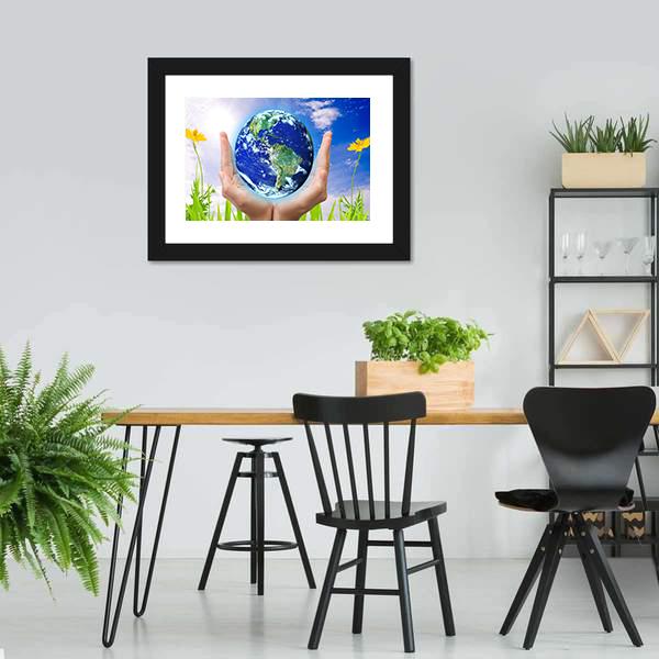 Hand Holding Planet Earth Canvas Wall Art-5 Horizontal-Gallery Wrap-22" x 12"-Tiaracle